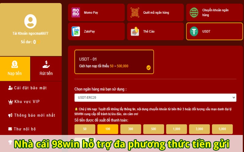 Phiếu nạp tiền 98win từ hệ thống